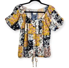 Naif Medium Blouse Peasant Short Sleeve Top Chiffon Tie Front Floral Patchwork 
