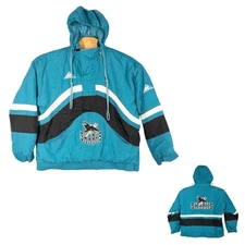 Vtg Apex One San Jose Sharks Hooded Puffer Jacket Mens Medium NHL Hockey 90s