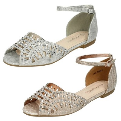 Damen Anne Michelle Flache Sandale Mit Diamantbesatz, Riemen, Silber Gold