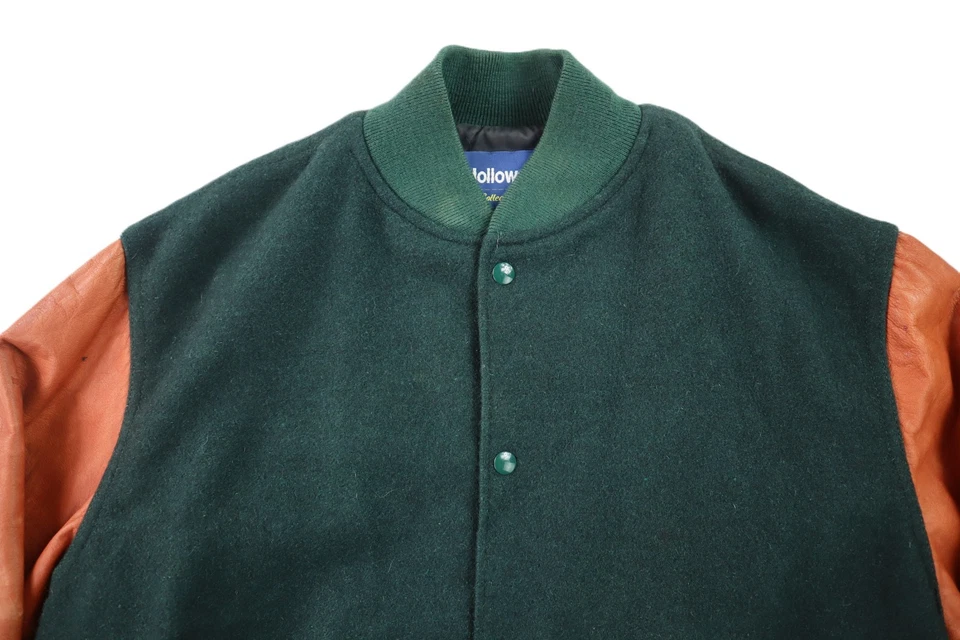 USA 50 XL Blank Varsity Letterman Leather Wool Bomber Jacket Green Brown - Image 3 of 4