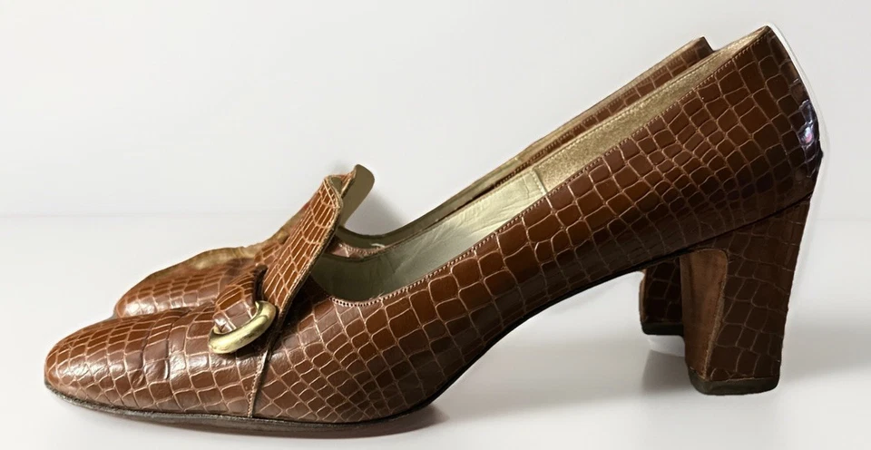 Zapatos mocasines vintage Palizzio grano de cocodrilo piel de becerro marrón dorado broca 8AA EE. UU. Foto 2 de 4