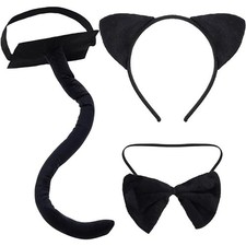 3 Pcs Black Cat Costume Cat Ears Headband Bowtie and Tail Set