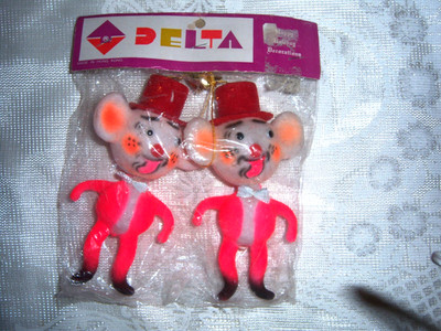 Vintage Delta Novelty Japan 2 Christmas  Felted Mice Ornaments 5.5'' In Package