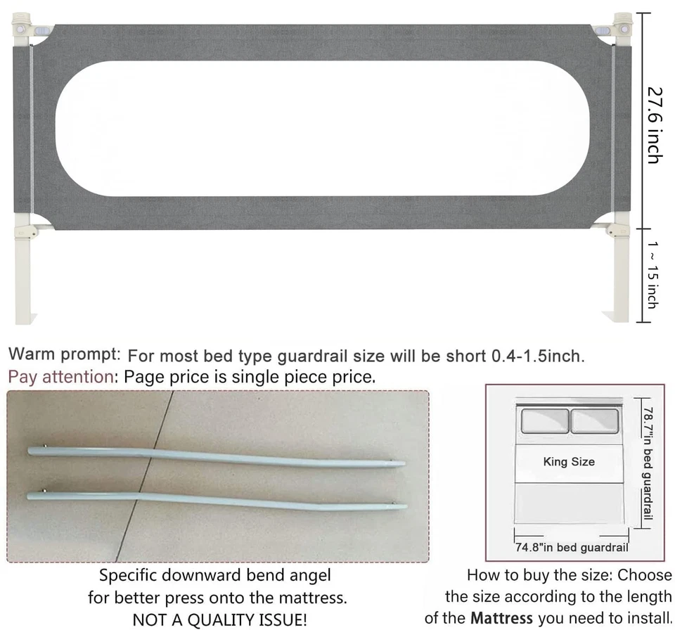 Rieles de cama para niños pequeños - Extra altos 32 niveles de ajuste de altura - Gris Foto 4 de 4