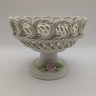 VTG Capodimonte Italy Pedestal Compote Bowl 4.25" Pink Flower Braided Trim 