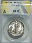 1943 S Walking Liberty Silver Half Dollar ANACS MS63