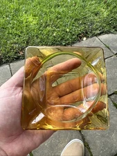 1960s Mid Century Modern Cigarette Ashtray Coffee Table Bar Glass Amber Vtg 4.5”