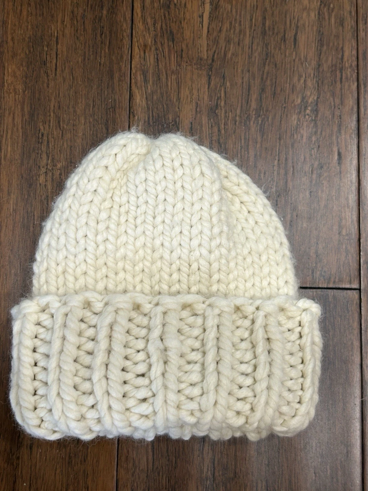Childrens Cozy Knit Fisherman White Wool Blend Chunky Handmade Beanie 8” NEW