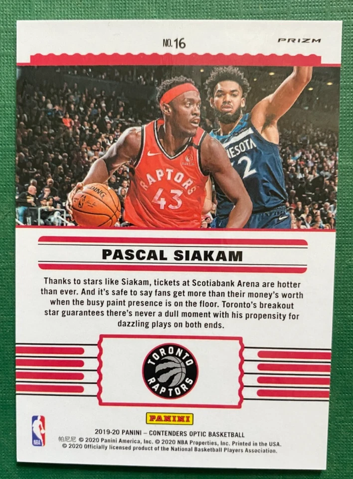 2019-20 Contenders Optic Front Row Seat Silver Prizm Pascal Siakam #16 Raptors - Image 2 of 2