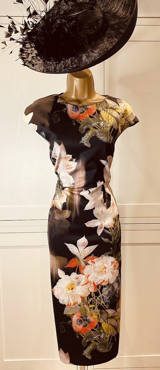 ted baker black cocktail dress Ted Baker Cocktail Dress Black Floral Ted Baker Size UK 10/12 Black Mix  Floral Fitted Scuba Midi Occasion Dress