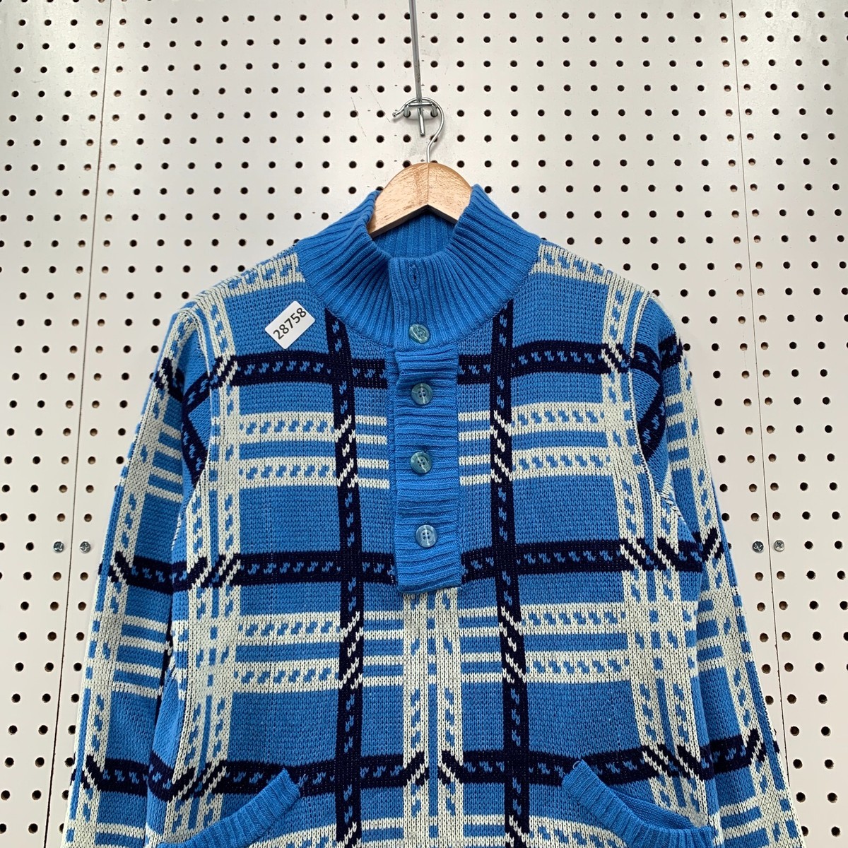Vintage 80s Kingsport Mens Medium Sweater Blue Check Henley Button