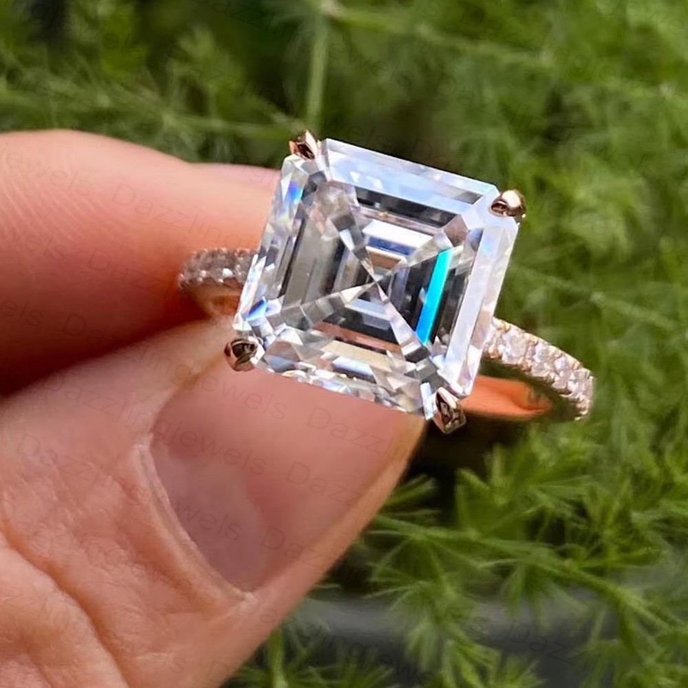 TCW Asscher Cut Moissanite Hidden Halo Engagement Ring Solid