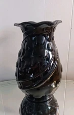 Vintage Art Glass Vase 10" Black Amethyst Mid Century Textured Ruffled 