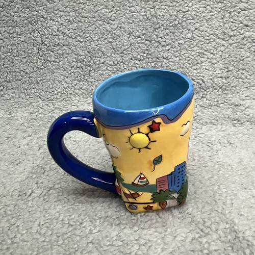 Luke A Tuke Los Angeles Mug Hand Painted Coffee Cup Yellow Blue - Picture 3 of 7
