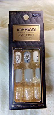 IMPRESS NAILS PRESS ON Short  - Shiny Gray, Crystal Gems & Pearls ultrafit