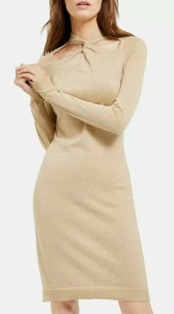 NWT MICHAEL KORS L BEIGE KHAKI GOLD LUREX SPARKLE TWIST NECK MIDI SWEATER DRESS