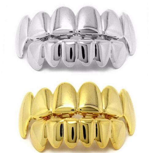 Gold Plated Hip Hop Teeth Grillz Top & Bottom Grill Mouth Teeth Grills Gangster - Picture 1 of 13