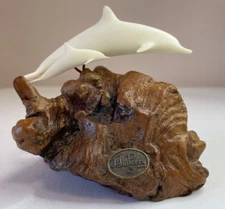 JOHN PERRY DOLPHIN AND BABY SCULPTURE  FIGURINE ON BURL WOOD / SEA FAMILY, OCEAN