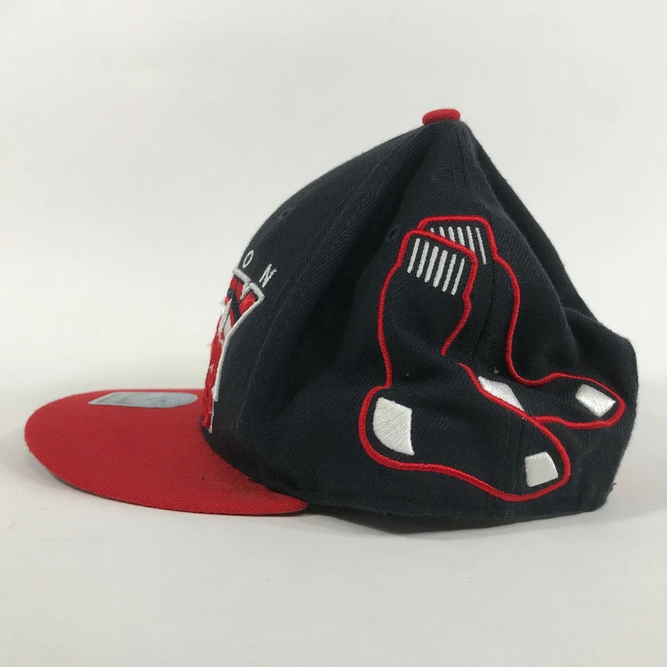 Boston Red Sox Snapback Hat Red Navy Blue Large Spellout Logo Socks Outline - Image 4 of 4