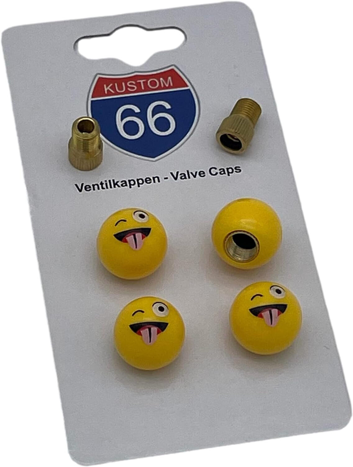 4er Set Ventilkappen + 2 Adapter  - Smiley Zwinkerzunge - Auto, Motor, Fahrrad