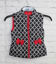 S ~ J Khaki Vest Black White & Red Print Girls Small 6 Red Zipper & Bow Accent