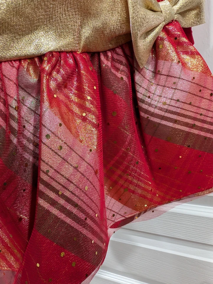 Bonnie Jean Girls Christmas Holiday Santa Plaid Gold Bow Multi Red Velvet Dress - Image 4 of 4