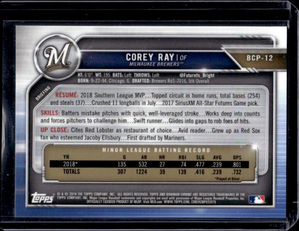 2019 Bowman Corey Ray Chrome Prospects Atomic Refractor #BCP-12 - Image 2 of 2