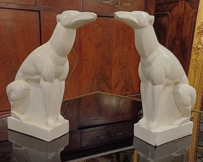 Charles LEMANCEAU Paire De Lévrier ART DECO, Céramique Blanc Craquelé St Clément - Photo 1/4