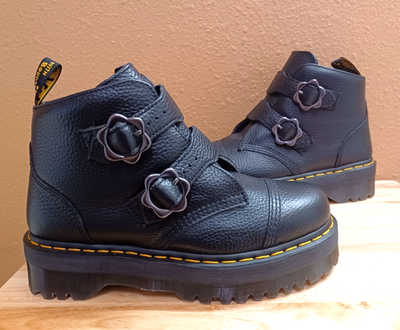 New DR MARTENS Devon Flower Black Leather Women's Platform Boots