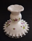 VTG Fenton Candlestick Holder Violets in the Snow Silver Crest Ruffle 3.5" Tall