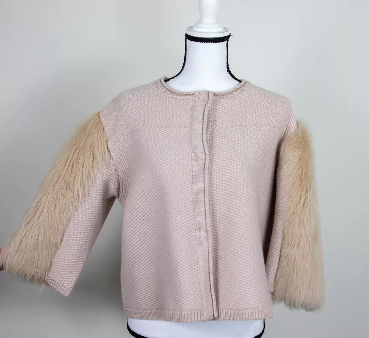 Escada Sport Beige Cashmere Wool Knit Cardigan Sweater Fur Trim