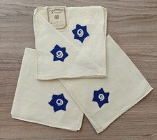 4 Vintage Hand Embroidered Linen Handkerchiefs w/ Blue Stars and White Swirls