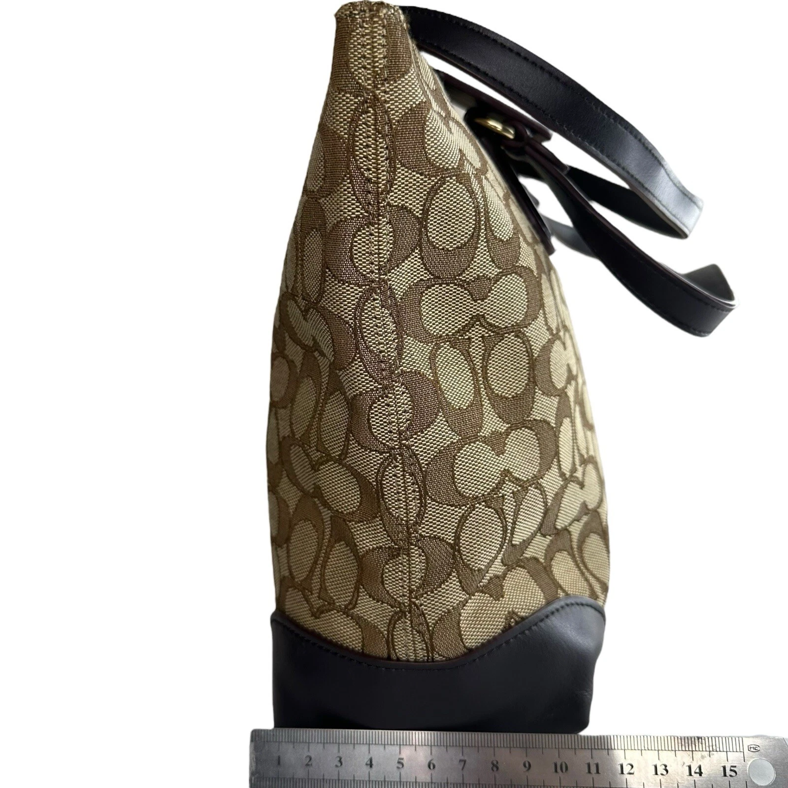 Borsa a tracolla Coach Signature City Tote con cerniera tela jacquard pelle marrone