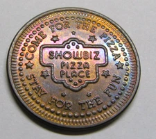 Showbiz Pizza Place Arcade Game Brass Coin Token 24mm * Toned Rainbow Color *