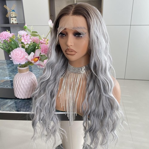 22" Ombre Dark Root Silver Gray Wavy Wig 100% Human Hair 13x4 Lace Front Wigs - Picture 5 of 10