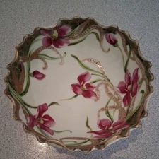 Nippon Candy Nut Trinket Dish Gold Rim Flowers Hand Painted