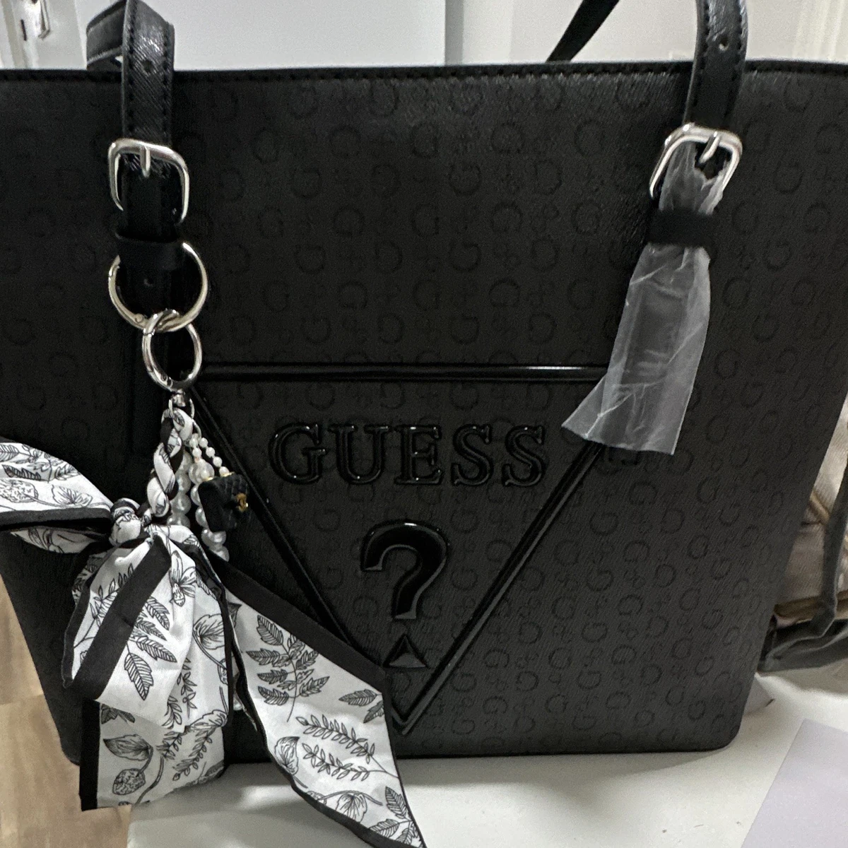 GUESS white tote bag  with metal hang tag charm bookbag top handle shoulder bag Ross Haul: Guess Purses 50% Off! Find Quality Bags Under $40 main image 4