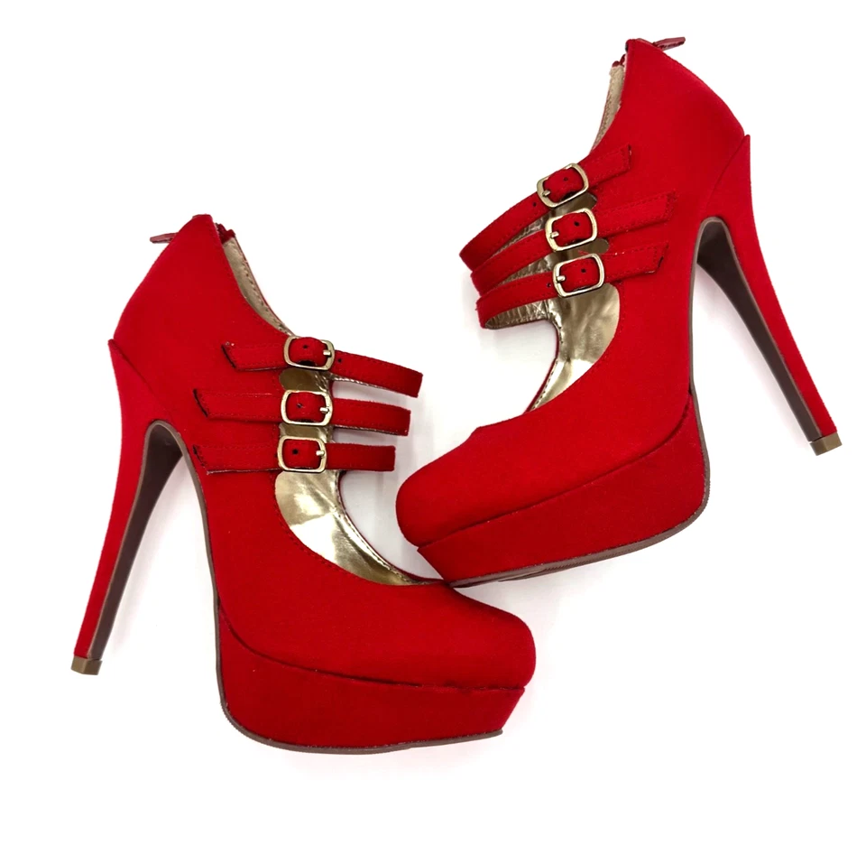 Material Niña Mujer’s 6 Rojo Plataforma Tacones de Aguja Triple Correa Zapatos de Fiesta Nuevos Foto 2 de 4