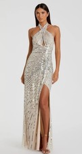 Mac Duggal Nude Silver Cross Halter Keyhole High Slit Open Back Bead Dress 5650