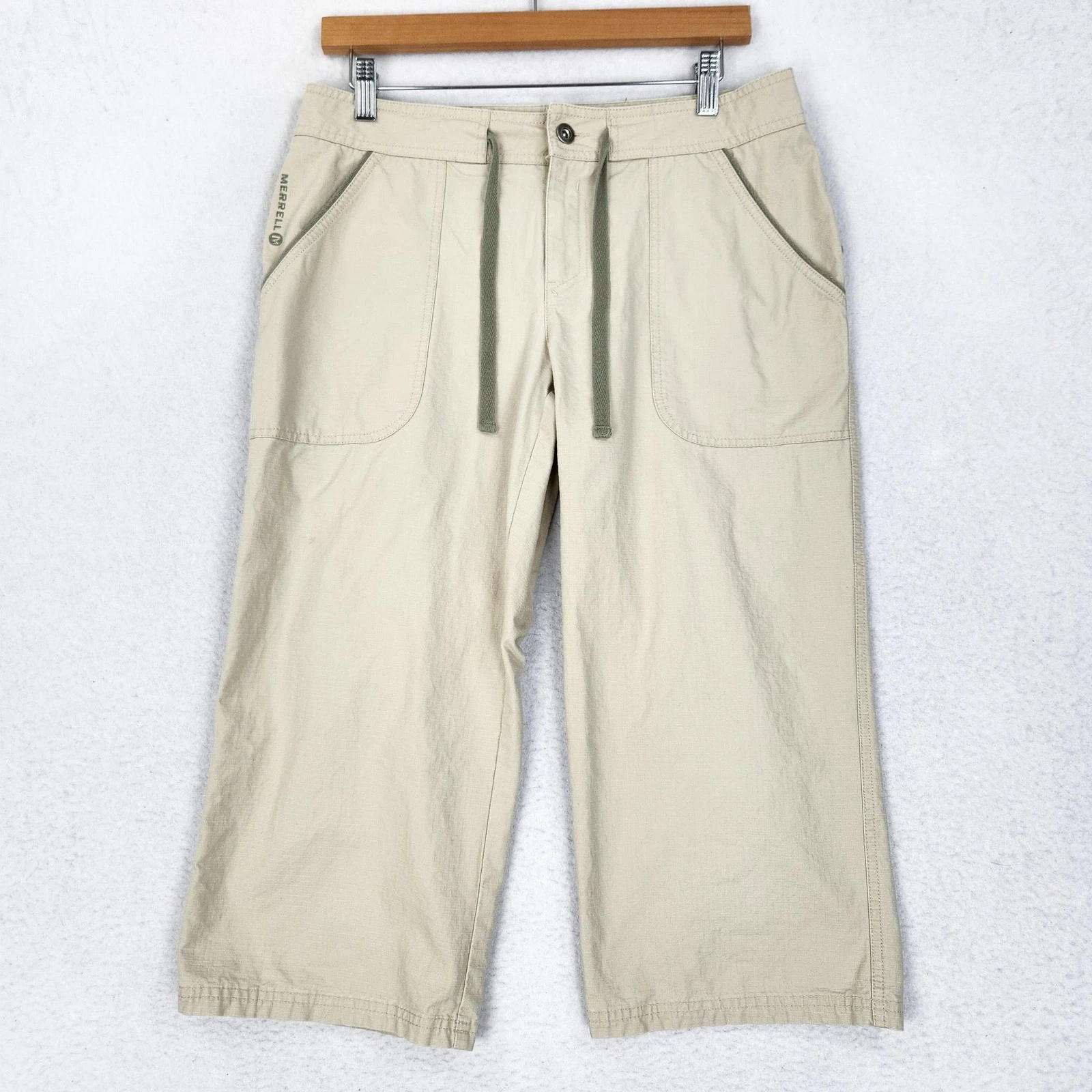 Merrell Pants Womens 8 Beige Tan Capri Cotton Ripstop Wide Leg Cropped Mid Rise