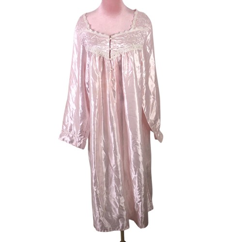 Vintage Shiny Satin Nightgown Size 2X Pink Quilted Lace Trimmed Modest READ