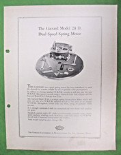 GARRARD MODEL 20 D. SPRING MOTOR SALES SHEET  INFO  DUAL SPEED SPRING MOTOR
