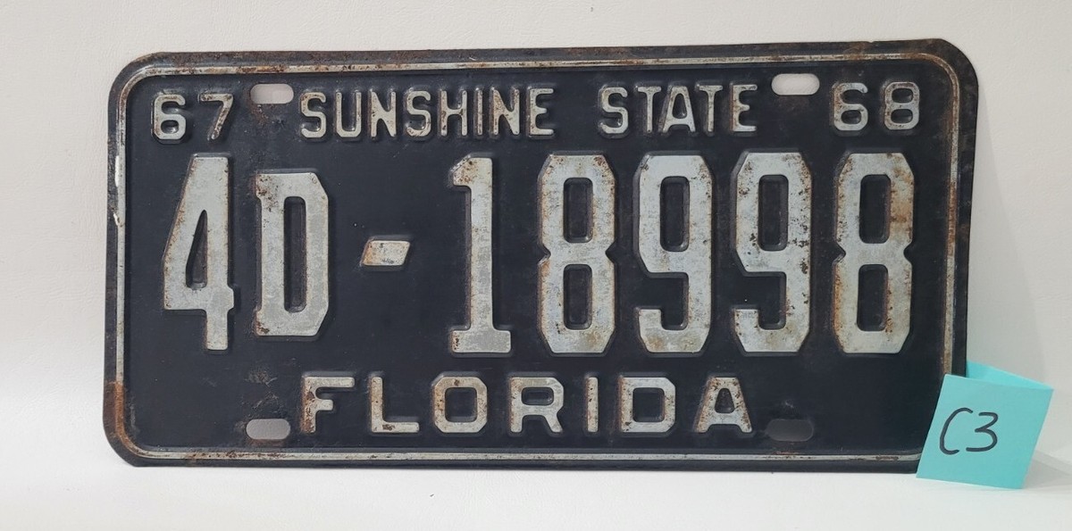 1967-68 Florida Sunshine State License Plate 4D-18998 Black Metal