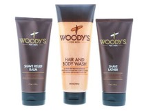 Woody's Hair  Body Wash 10 oz , Shave Lather 6 oz , Shave Relief Balm 6 oz Set