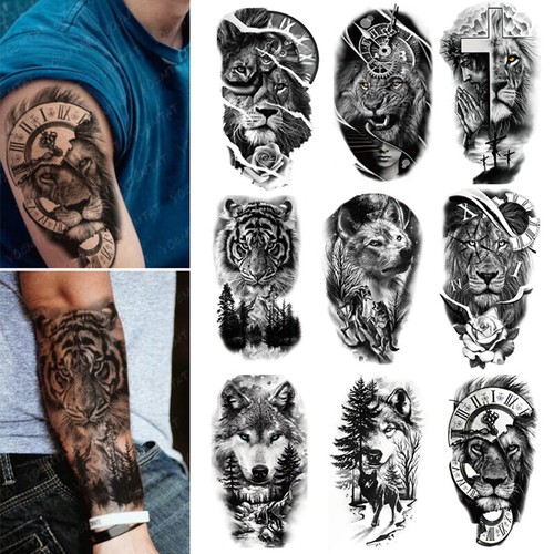 Women Men Temporary Tattoos Fake Sticker Waterproof Tiger Lion Wolf Leg Arm Art - Foto 8 di 78