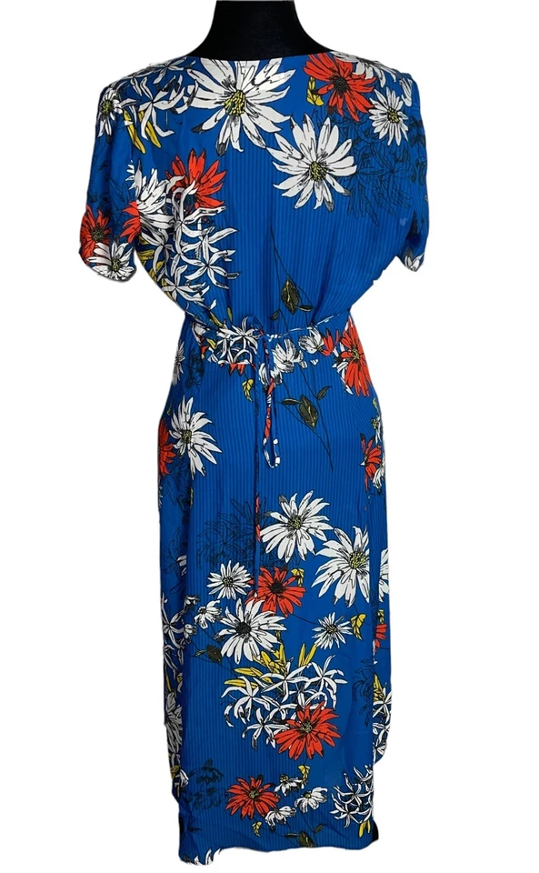 Vestido midi Everly azul floral envolvente de imitación manga corta dobladillo alto bajo talla XS Foto 3 de 4