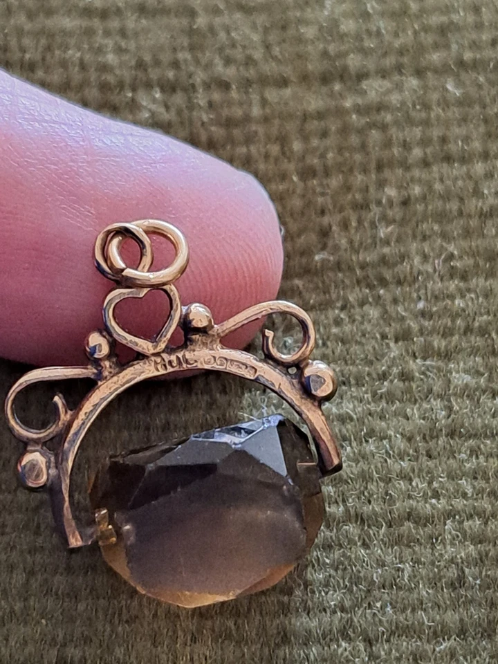 FULLY HALLMARKED 9CT GOLD & SMOKEY QUARTZ SWIVEL FOB - image 2 of 3