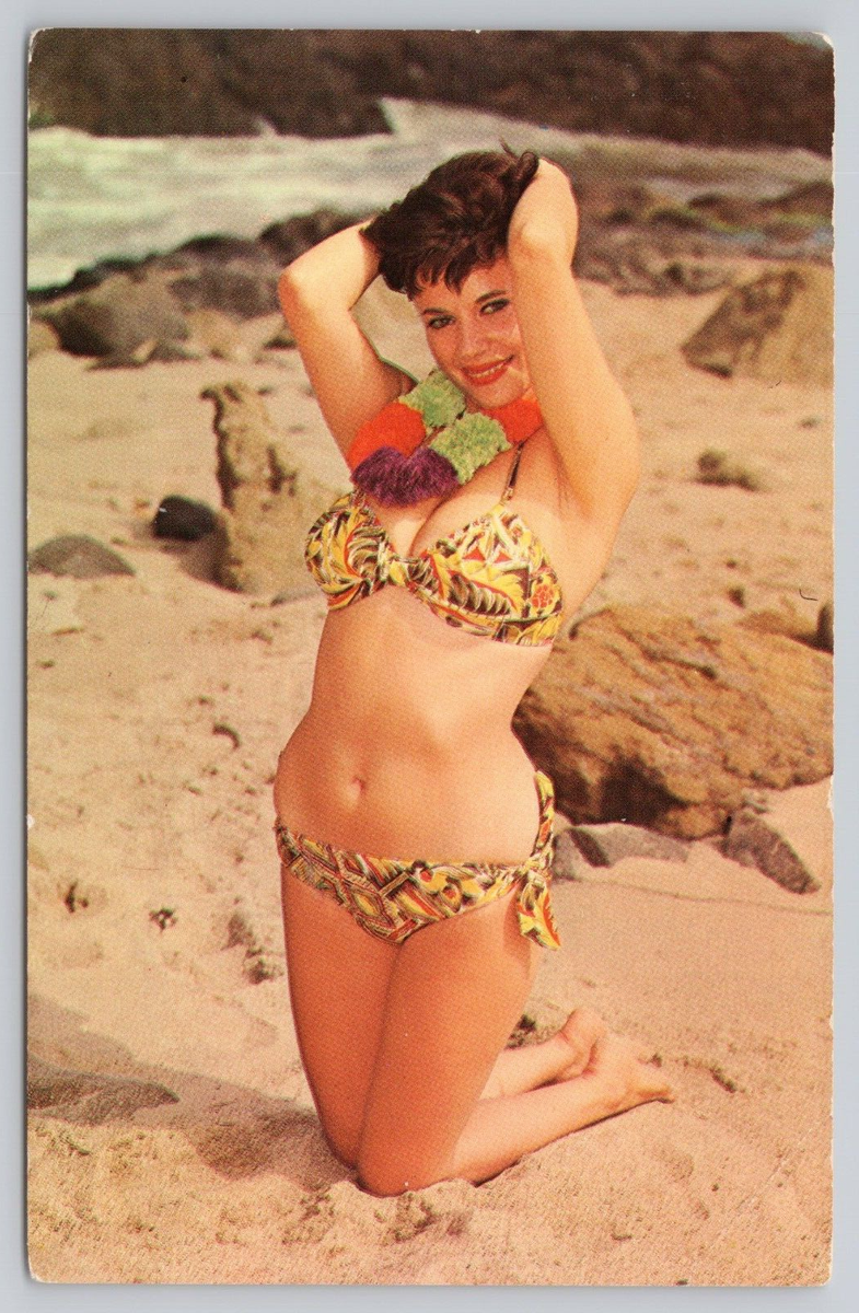 Vtg Post Card Beautiful Woman On Hawaiian Beach Posing in Bikini Vtg Post Card Beautiful Woman On Hawaiian Beach Posing in Bikini
