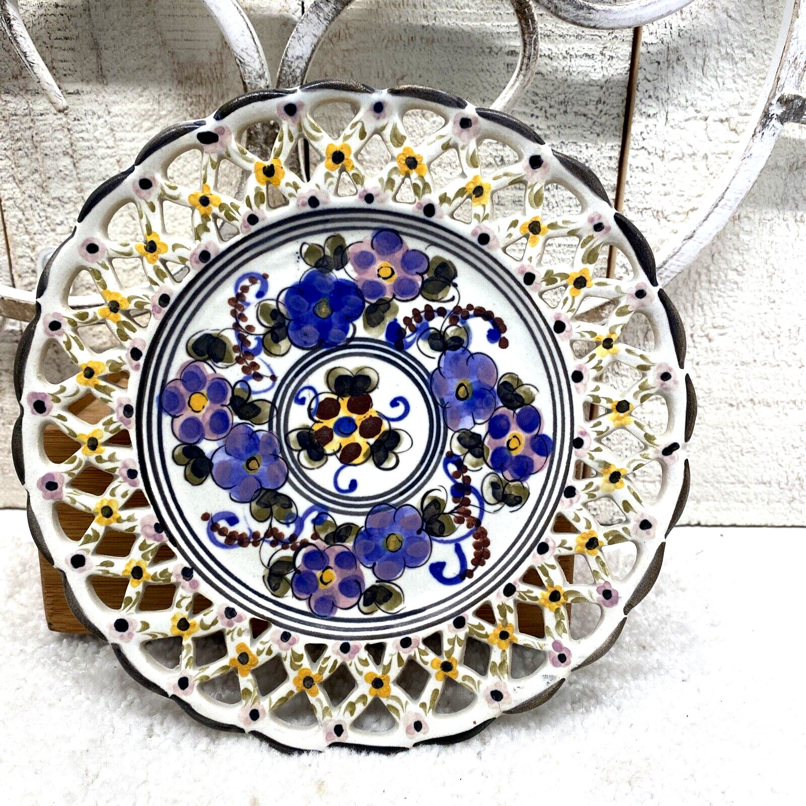 Vintage  Alcobaca Ceramic Hand Painted Portugal Purple Pansies Filigreed Edge