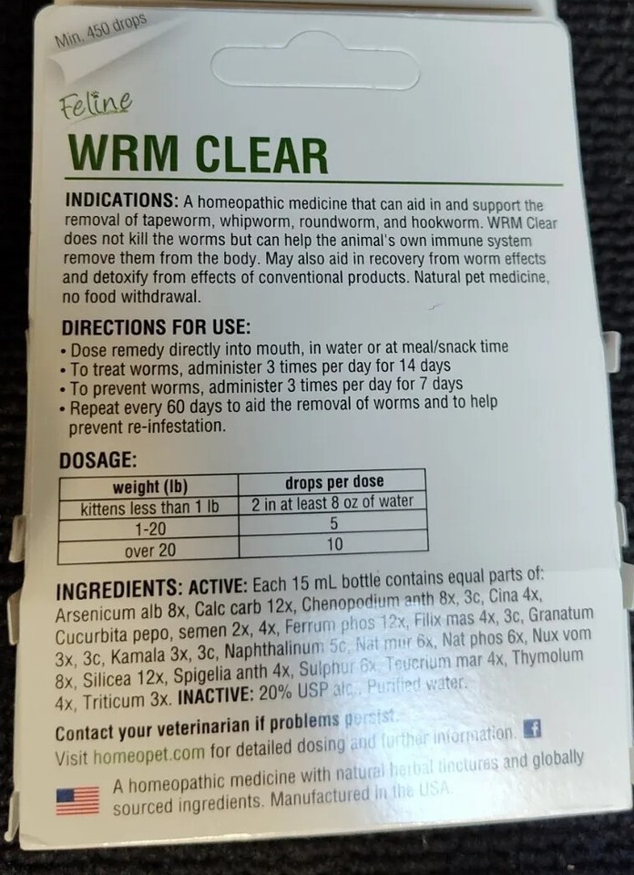 😸😺 HomeoPet Feline WRM Clear Natural Worm Treatment for Cats😸 FREE